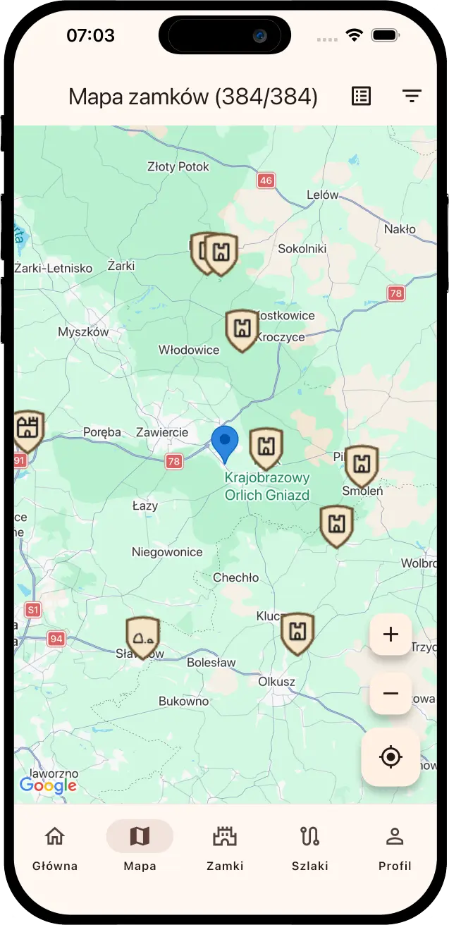 Mapa zamków w aplikacji Szlakiem Zamków