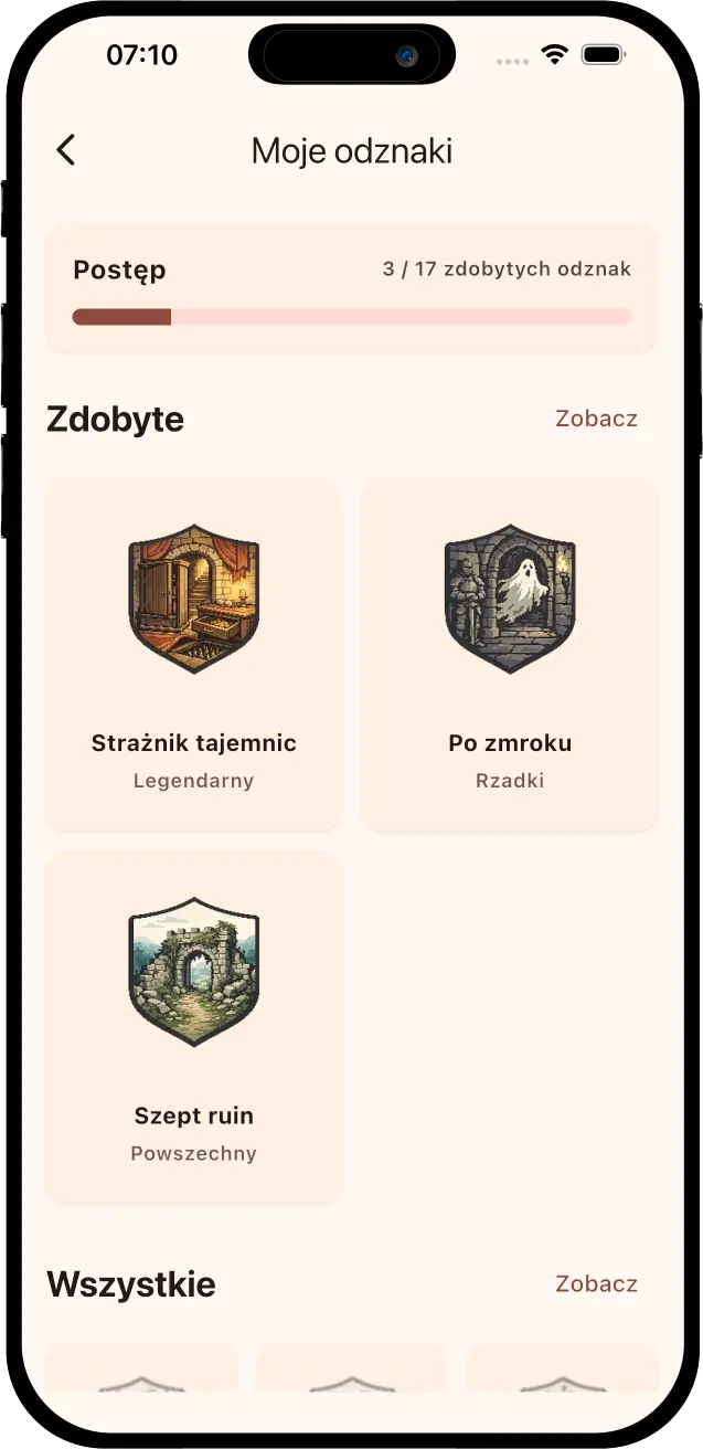 Ekran odznak i osiągnięć w aplikacji