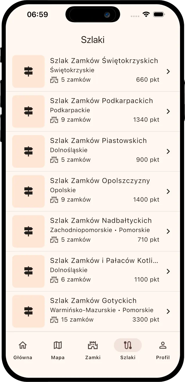 Lista gotowych szlaków zamkowych